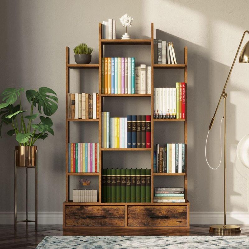 Bookshelf with 2 Wooden Drawers, Rustic Wood Bookshelves, Free Standing Book Shelf Industrial Shelf Free Standing Storage Shelf for Bedroom, Living Room