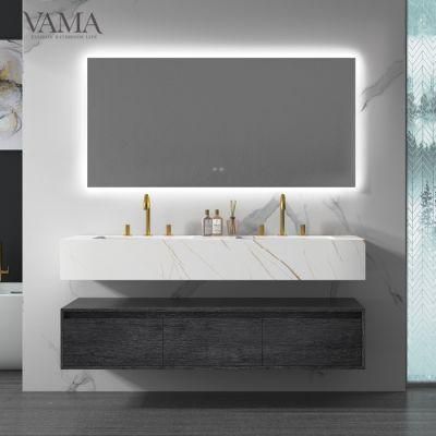 Vama 1500 mm Popular Melamine Board Bath Vanity Double Basin Cabinet Sintered Stone Counter Top LED Mirror Bathroom Furniture V308150s