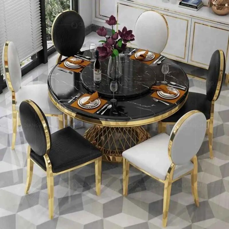 Modern Steel Frame Round 8 Seater Marble Top Dining Table Set