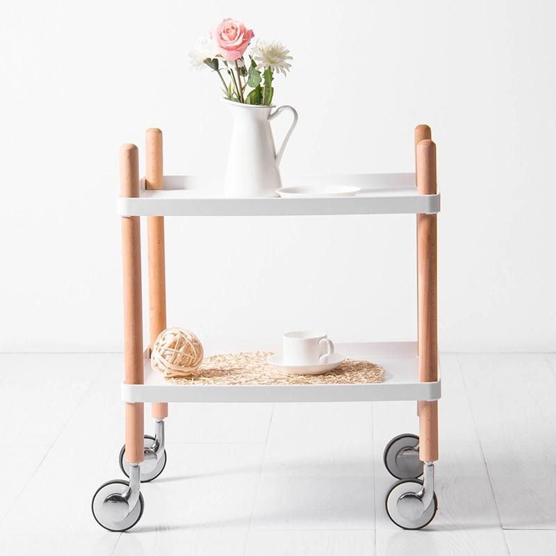 Hot Sale Home Furniture Black Wood Frame Plastic 2 Tier Kitchen Trolley with Wheels