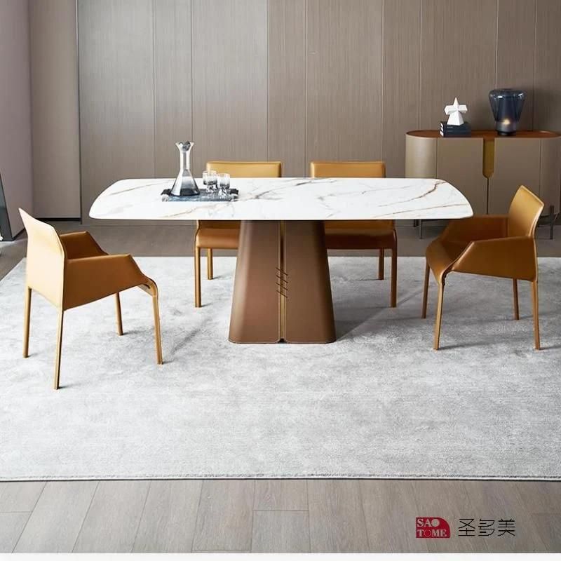 Modern Living Room Rock Board Furniture Four Legged Metal PU Leather Dining Table