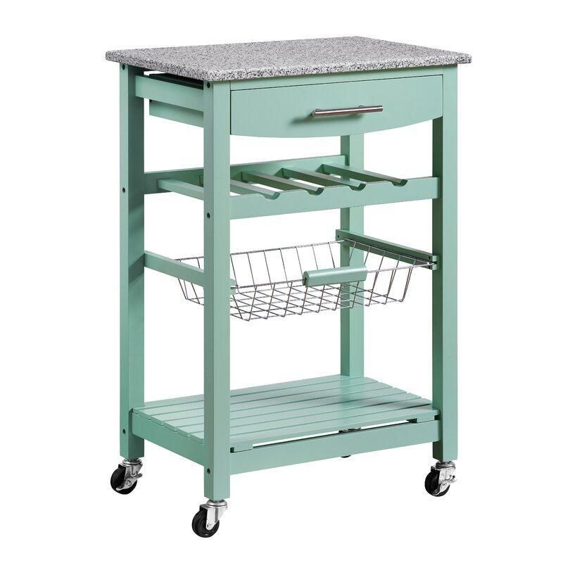 Home Use Green Fashion Painting Rolling Kitchen Cart with Granite Top and Metal Blanket