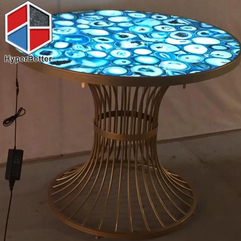 Blue Agate Coffee Tables Round with LED Light Inside