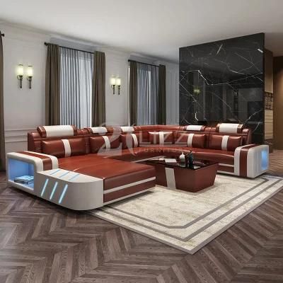 Modern Style Living Room Furniture Top Grain Leather Leisure Sofa with USB Charger &amp; Bluetooth Speaker