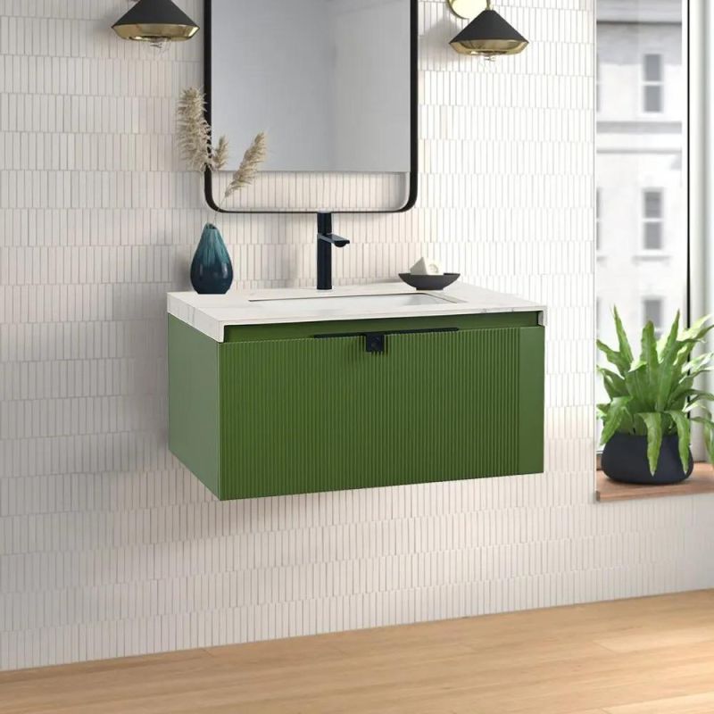 China Factory Wholesale Floating Bathroom Vanity with Single Integral Sink and One Drawer in Apricot