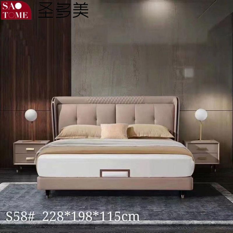 Chinese Modern Home Bedroom Furniture Light Pink with Hardware Leather Large Double Bed