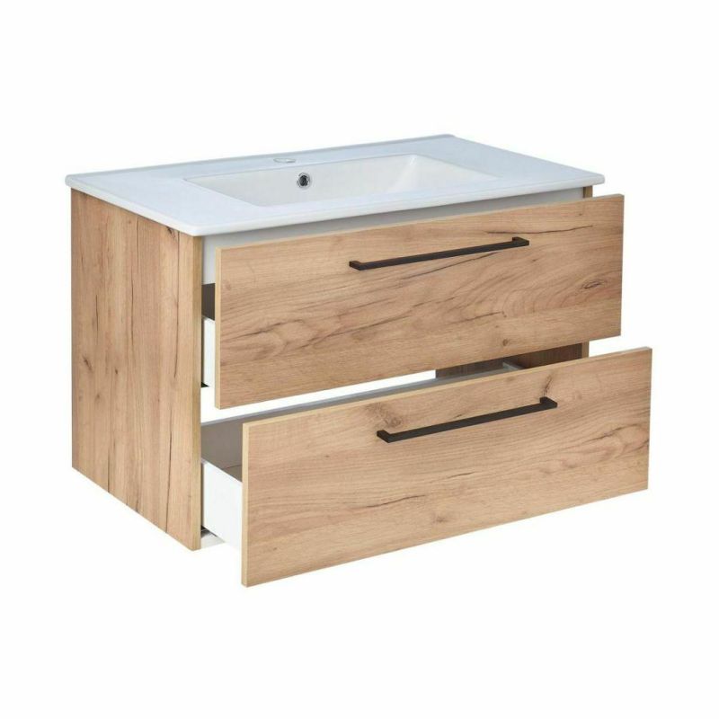 Ceramic Washbasin Furniture with Vanity Unit, Oak Drawers, 80 Cm