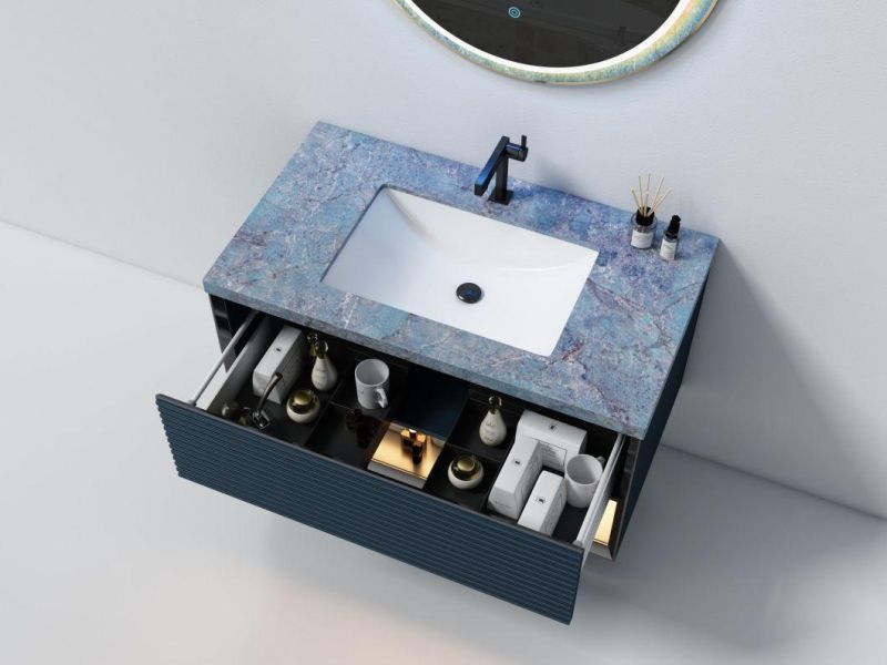 New Design Dark Blue Melamine Bathroom Cabinet Vanity with LED Round Mirror Bathroom Furniture