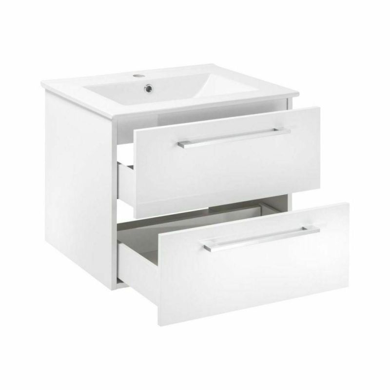 Ceramic Washbasin Furniture with White Vanity Unit with Drawers 60 Cm