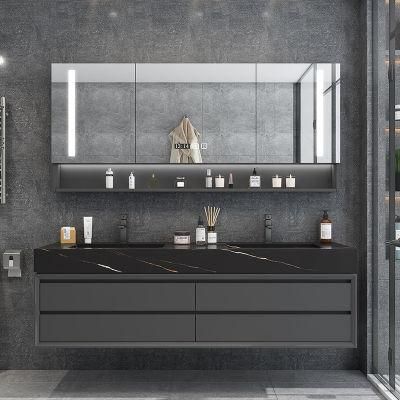 European Style Design Bathroom Furniture Metal Handle LED Mirror Bathroom Cabinet with Rock Plate Sink