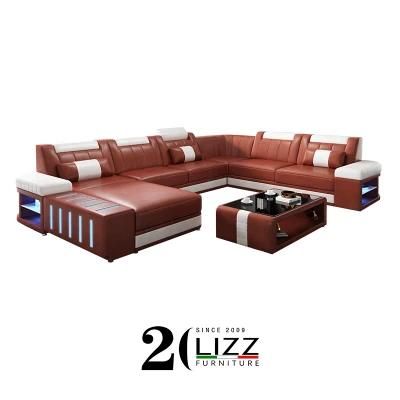 European Contemporary Style Home Furniture Living Room Sectional Corner LED Leather Sofa Set