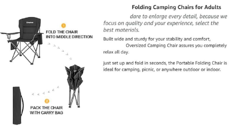 Folding Camping Chair Oversized Heavy Duty Padded Outdoor Chair with Cup Holder Storage and Cooler Bag, 450 Lbs Weight Capacity, Thicken 600d Oxford, Black