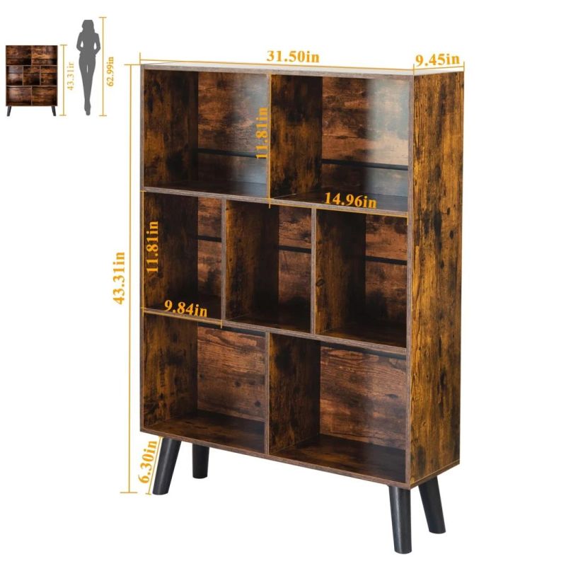 Cube Bookshelf 3 Tier MID-Century Modern Bookcase with Legs, Retro Wood Bookshelves Storage Shelf, Free Standing Open Book Shelves, Rustic Brown Display