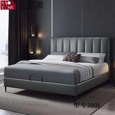 Hotel Bedroom Furniture Dark Grey Leather Solid Wood Frame Double Bed