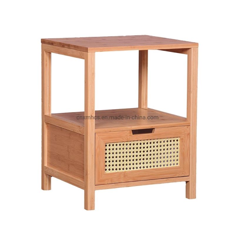 Modern Solid Bamboo Nightstands Wooden Furniture 2 Tier Bed Side Table with Drawer Bedroom