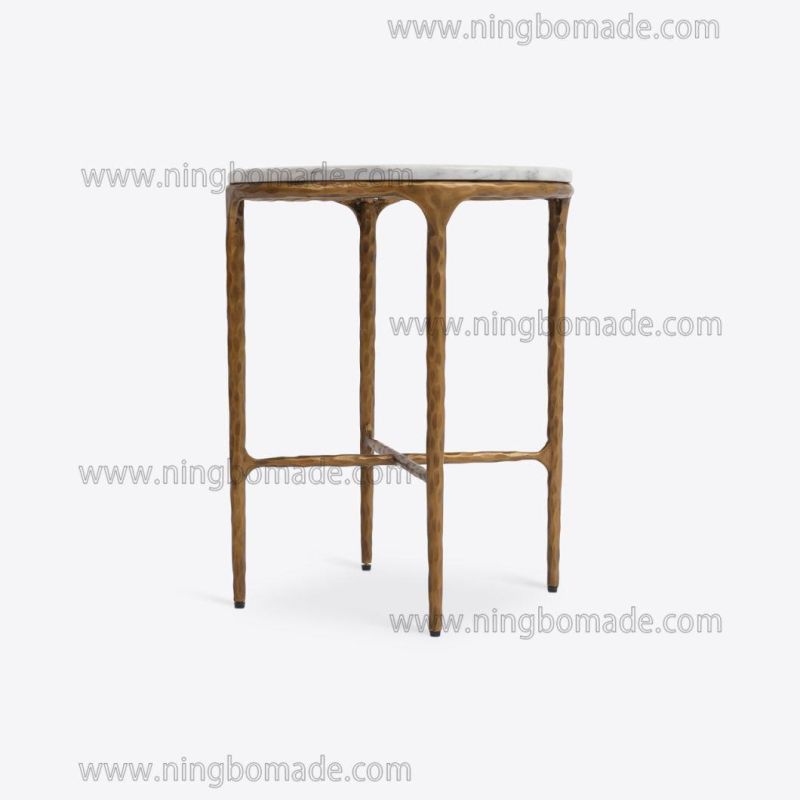 Rustic Hand Hammered Collection Furniture Forged Solid Iron Metal with Brass Color Thick Nature White Cloud Marble Round Corner Table