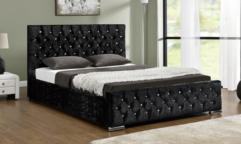 Modern Queen Velvet Button Bed Silver Velvet Crush Headboard Storage Double Bed