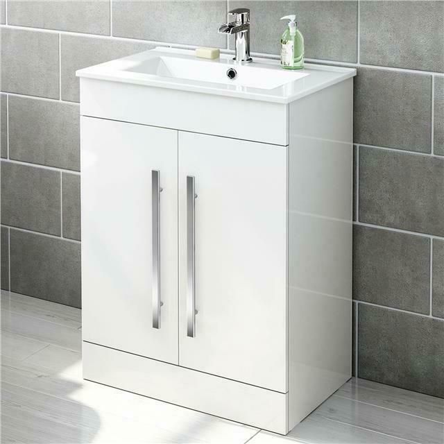 600 mm White Gloss Vanity Sink Unit Ceramic Basin Bathroom Storage Furniture