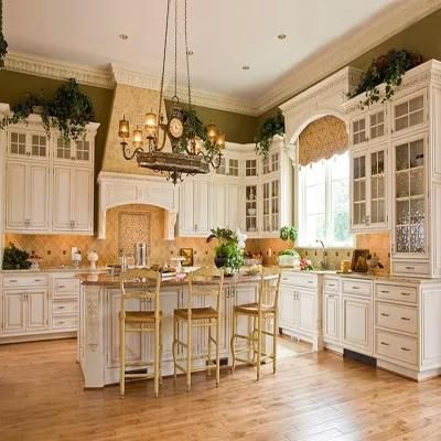 European French Style Pantry Cupboard Wood Cabinets Modern Luxury Classic White Modular Kitchen Cabinet with Island