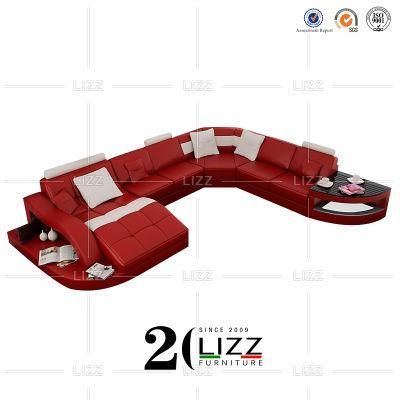Chinese Manufacture Home Office Furniture Modern Functional Design U Shape Real Leather Sofa with LED Light