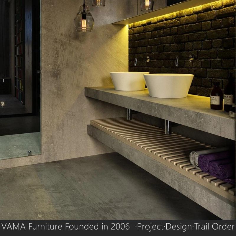 Vama Customerized Five Star Hotels Fashion Grey Stone Slab with Double Lip Wash Basin Shelf Storage Bathroom Furniture Set