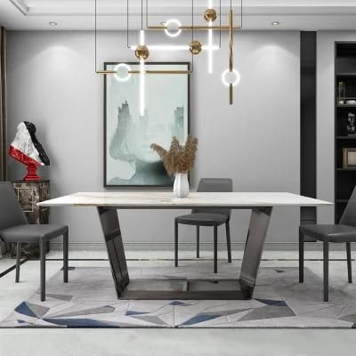 Modern Luxury Restaurant Rectangle Shape White 6 Seater Stainless Steel Sintered Stone Dining Table