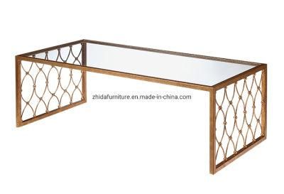 Living Room Furniture Gold Color Modern Metal Pattern Glass Top Long Coffee Table