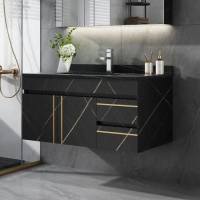 35&quot; Black Modern Faux Marble Floating Bathroom Vanity Single Ceramic Sink