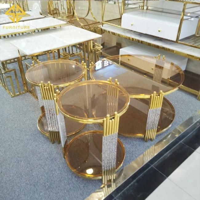 Luxury Round Coffee Table Sets Living Room Stainless Steel Furniture Marble Glass Side Table