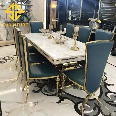 Luxury Rectangle Gold Stainless Steel Frame Glass LED Dining Table and Chairs