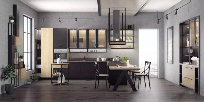 Overall Custom Open Quartz Stone Countertops Whole House Decoration U-Shaped Metal Kitchen Cabinet