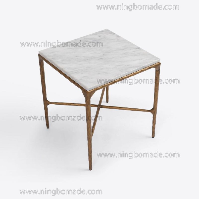 Rustic Hand Forged Collection Furniture Forged Solid Iron with Brass Color and Thick White Cloud Marble Sofa Table