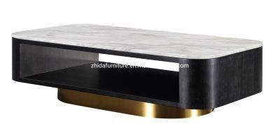 Rectangular Metal Base Marble Top Wooden Coffee Table for Living Room