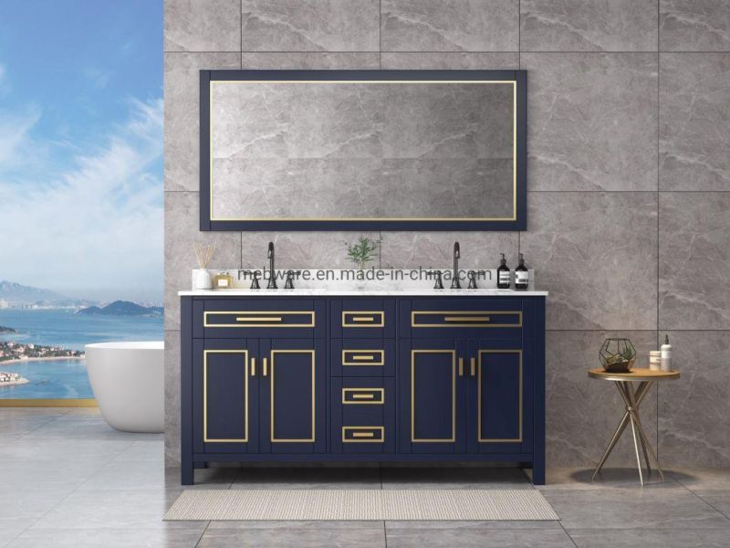 60inch Blue Vanity with Solid Wood Bathroom Cabinet with Marble Top