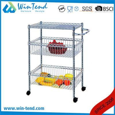 Kitchen Chrome Wire 3 Tier Transport Trolley Cart with Wheels for Sale