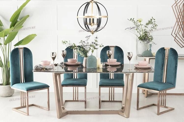 Home Rose Gold Stainless Steel Faux Marble Top Dining Tables
