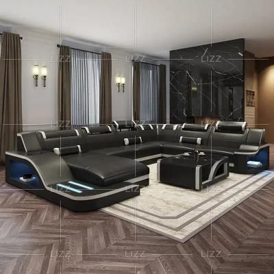 Italian Top Grain Leather Contemporary Living Room Furniture U Shape Black Genuine Leather Sofa