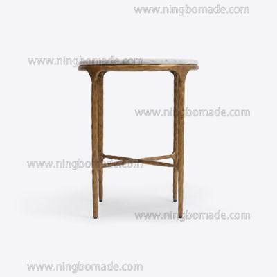 Rustic Hand Hammered Collection Furniture Forged Solid Iron Metal with Brass Color Thick Nature White Cloud Marble Round Corner Table