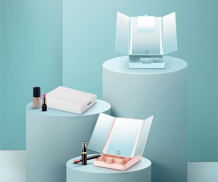 Dimmable Square Tabletop 7X LED Vanity Mirror with Organizers for Makeup