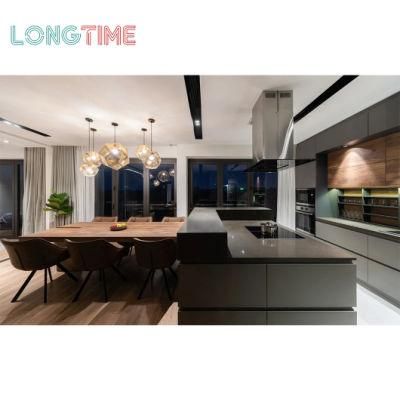 Luxury Custom Gold Gray Glossy Modular Veneer Finish Handleless Kitchen Cabinet (KV02)