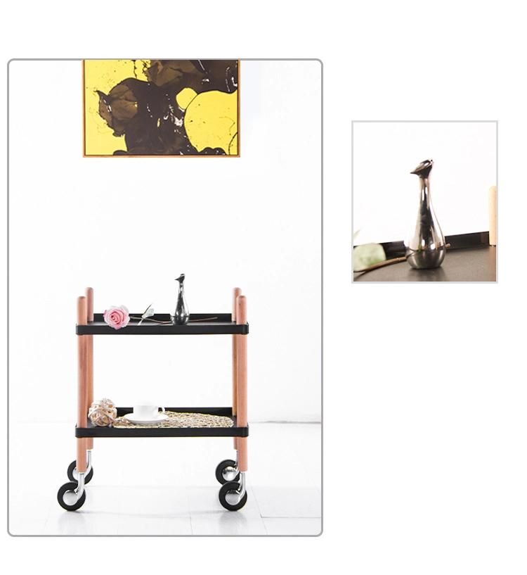 Hot Sale Home Furniture Black Wood Frame Plastic 2 Tier Kitchen Trolley with Wheels