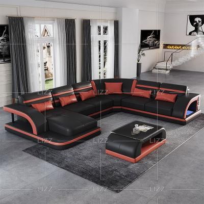 Hot Selling Modern European Home Furniture Set Functional Genuine Leather Sofa Set with LED Light for Living Room