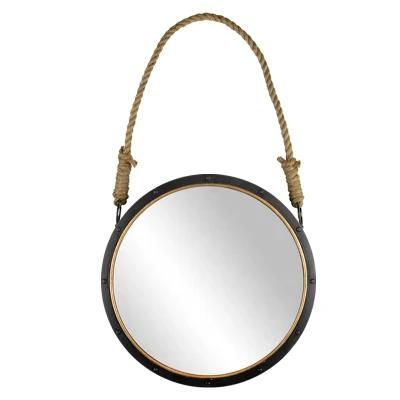 Small Round Wall Mirror Metal Framed for Bathroom and Home Decor Matt Black Finished and Rope Handles