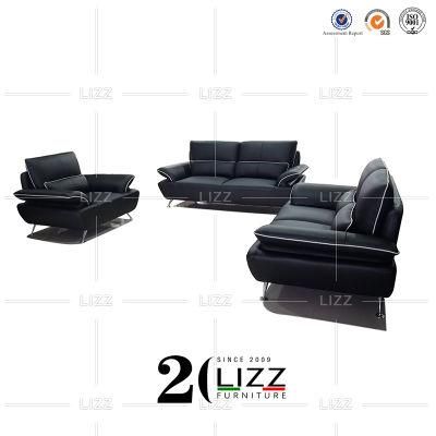 Arabic High Quality Leisure Sectional Wood Home Furniture Modern Black Leather Sofa with Metal Legs