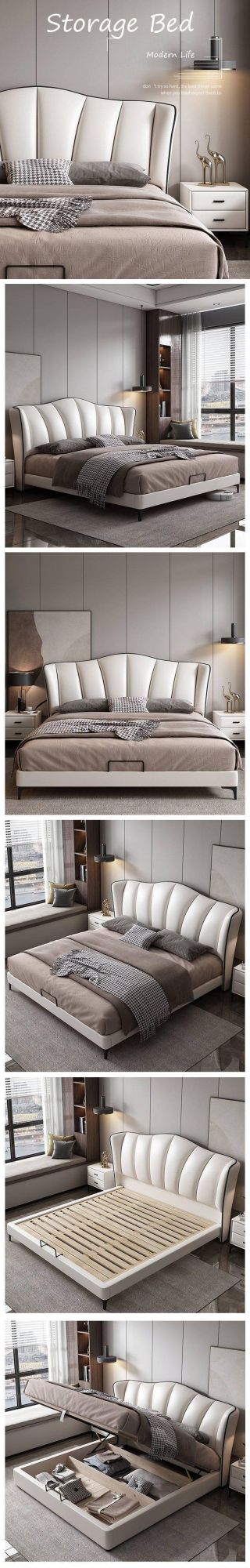 Manufacturer Bedroom Wood Furniture Leather Upholstered Gas Lift Double Storage Bed