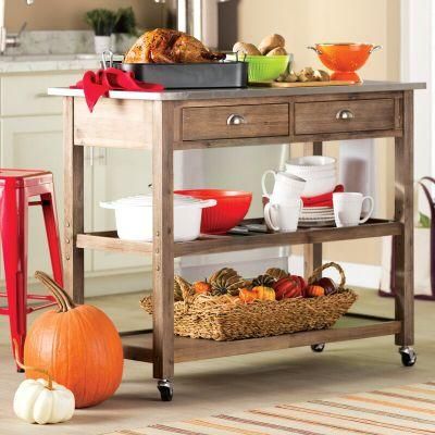 American Home Styles Antique All Solid 2-Drawer Wood Kitchen Cart with Stainless Steel Top