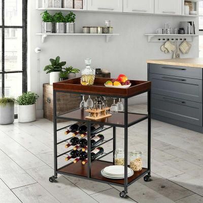 Home Basic 3-Tier Kitchen Rolling Bar Cart with Metal Leg Kitchen Trolley