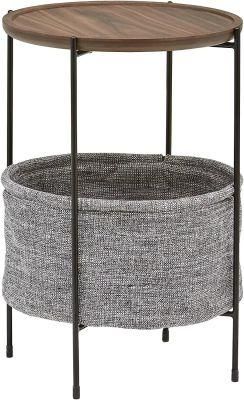 Round Side Table with Fabric Storage Basket, 24&quot;H, Walnut and Grey