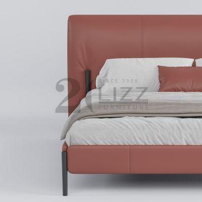 Black Stainless Steel Leg Modern Hot Sale Hotel Home Furniture European Bedroom Red Genuine Leather Bed