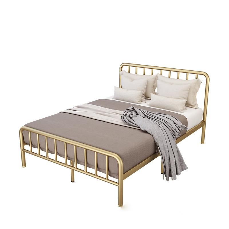 Modern Home Hotel Bedroom Genuine Leather Upholstered Golden Metal Frame Bed